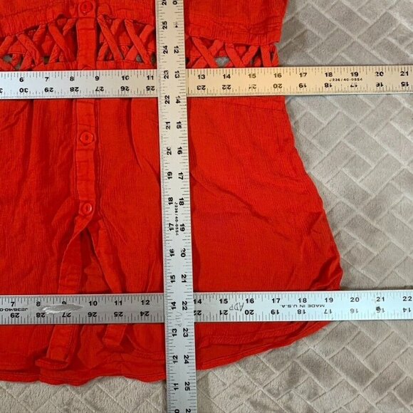 Luca Couture Womens Large Blouse Red Collared Button Up Gauzy Rayon Sleeveless - Picture 6 of 10